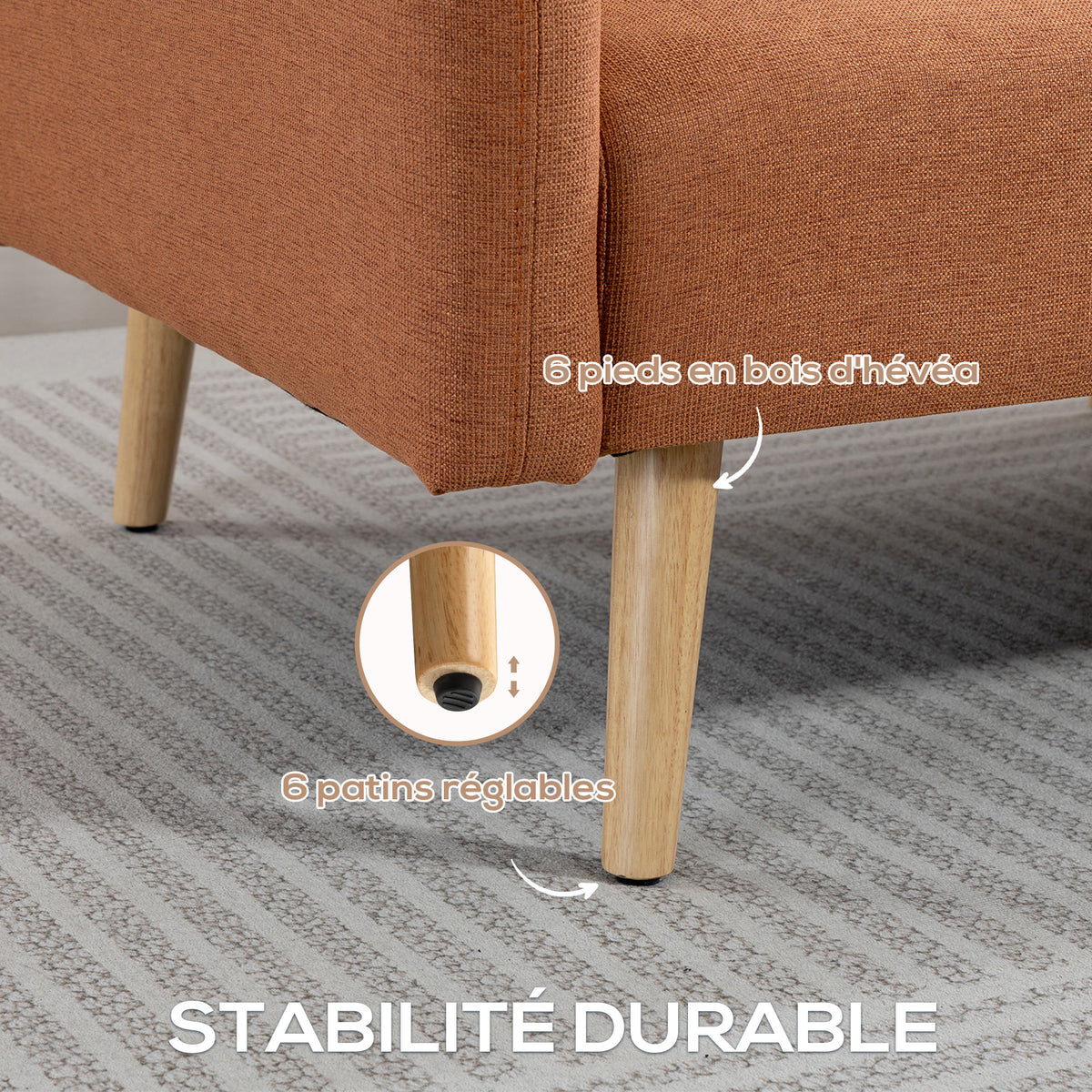 Canapé Convertible 2 Places Design scandinave Dossier inclinable 3 Positions Pieds Bois Tissu Aspect Lin marron