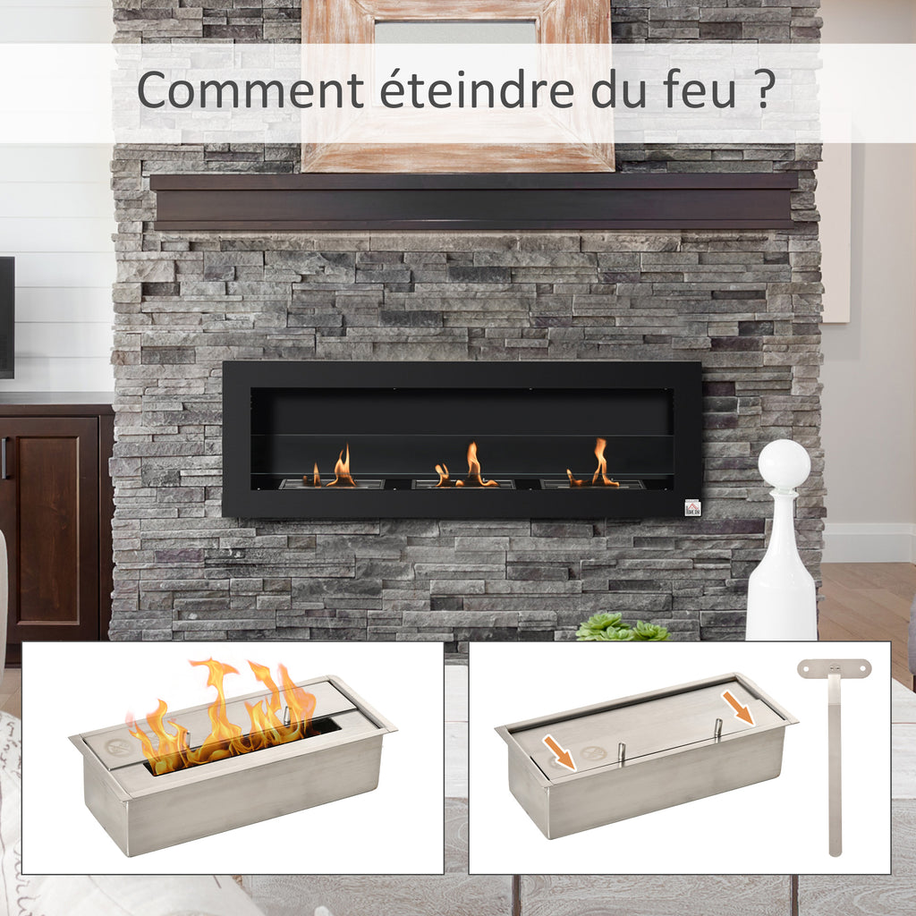 Cheminée bioéthanol Murale encastrable 3 brûleurs 3 L au total, environ 3 h de durée de combustion, dims. 120L x 15l x 40H cm, acier inox noir