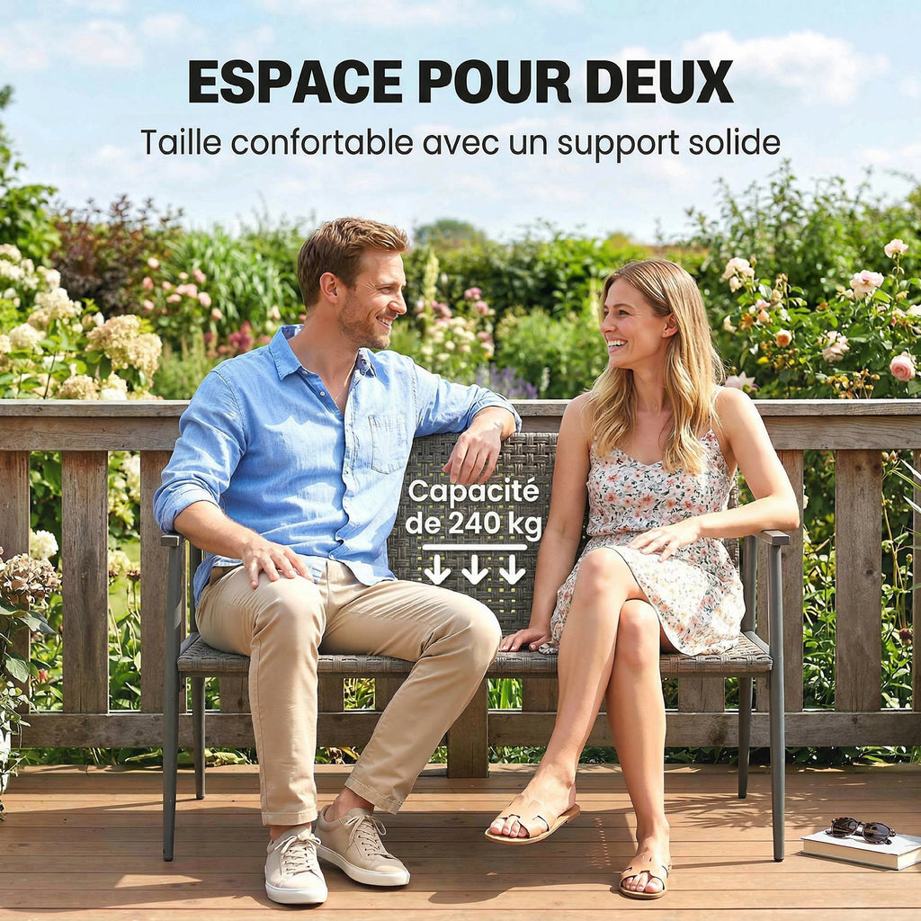 Banc de Jardin 2 places en Résine Tressée et Acier, avec Accoudoirs, Dossiers et Pieds Réglables, 110x58x78cm, Gris