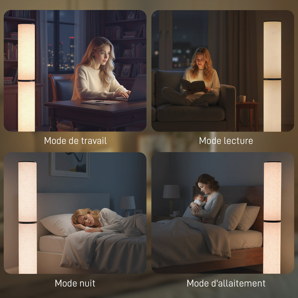Lampadaire LED, lampadaire sur pied salon à intensité variable, télécommande magnétique, Ø 20 x 135 cm, beige