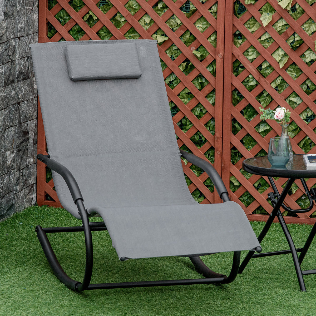 Chaise longue à bascule rocking chair ergonomique avec tétière accoudoirs métal galvanisé textilène Gris