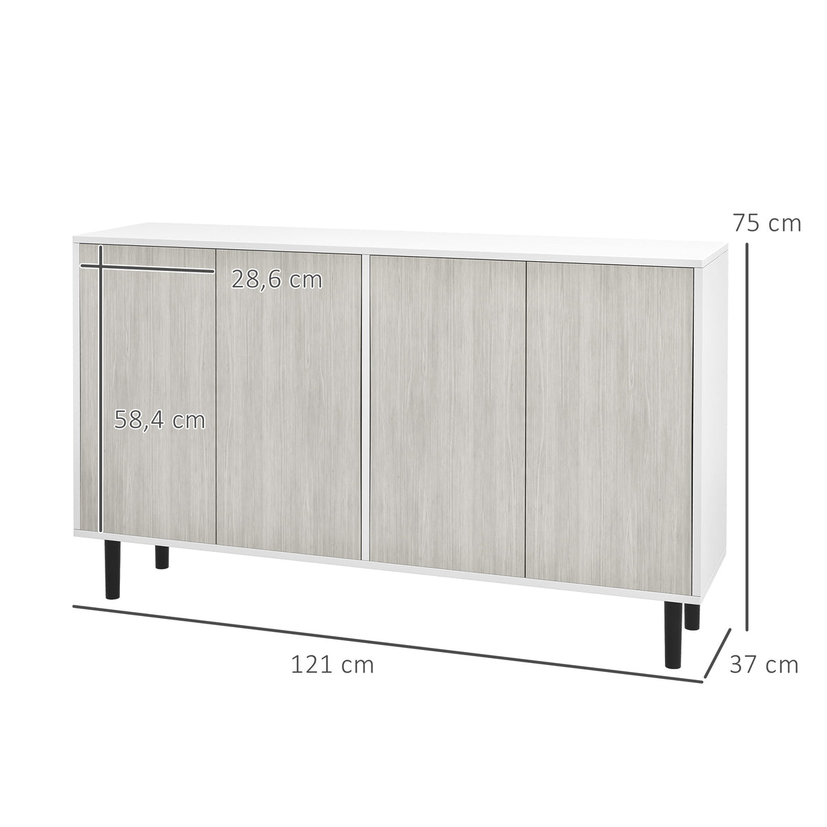 Buffet de cuisine meuble de rangement 2 placards avec étagères réglables, 121 x 37 x 75 cm, blanc et aspect bois gris