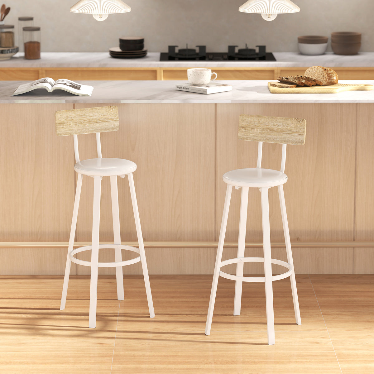 Lot de 2 tabourets de bar, chaises de bar, assise rembourrée 75,5H cm, dossier et repose-pieds, bois naturel et blanc