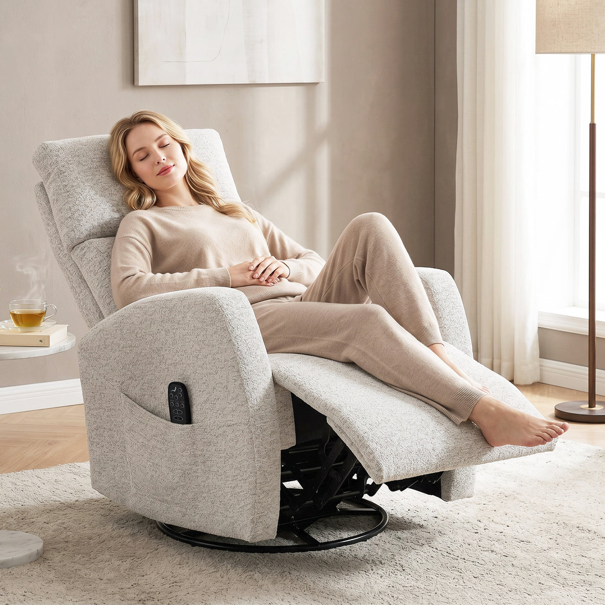 Fauteuil inclinable de massage et chauffage, fauteuil de relaxation en chenille, dossier réglable, pivotant 360°, crème