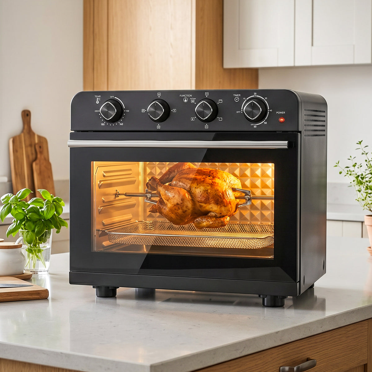 Friteuse à Air Chaud 36L, Four à Air Chaud 1800 W avec Rôtissoire, Plaque de Cuisson, Panier de Friture et Grille, Noir