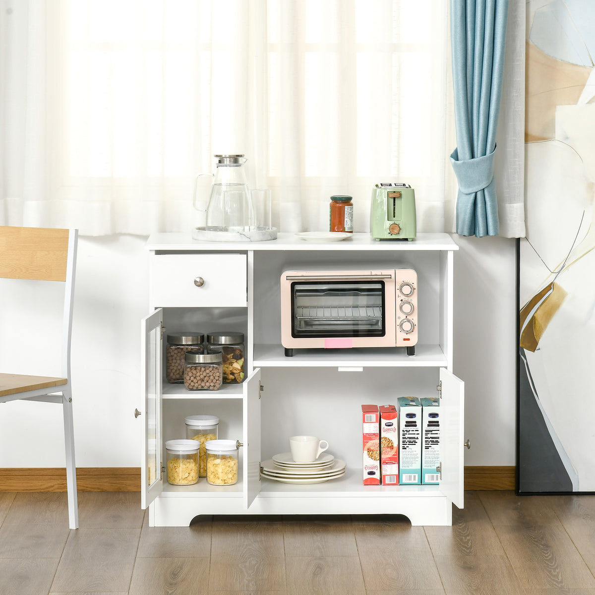Meuble micro-ondes, buffet cuisine, armoire de rangement, pour cuisine, salle à Manger 90 x 40 x 82 cm verre trempé et bois, blanc
