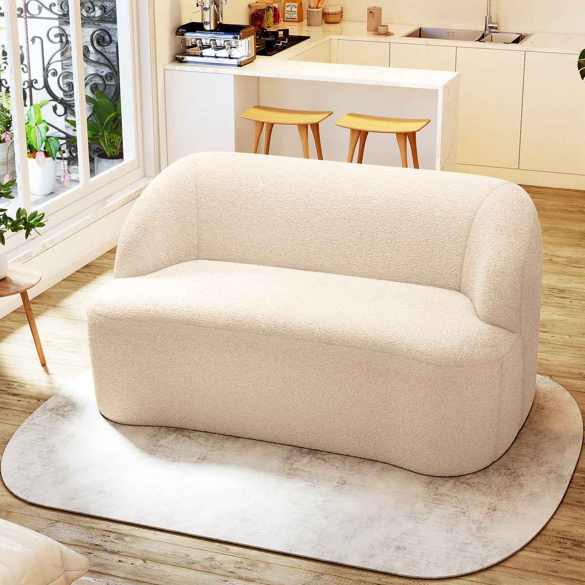 Canapé 2 places canapé en tissu bouclette 142 cm avec dossier et assise incurvés, aucun assemblage requis, beige