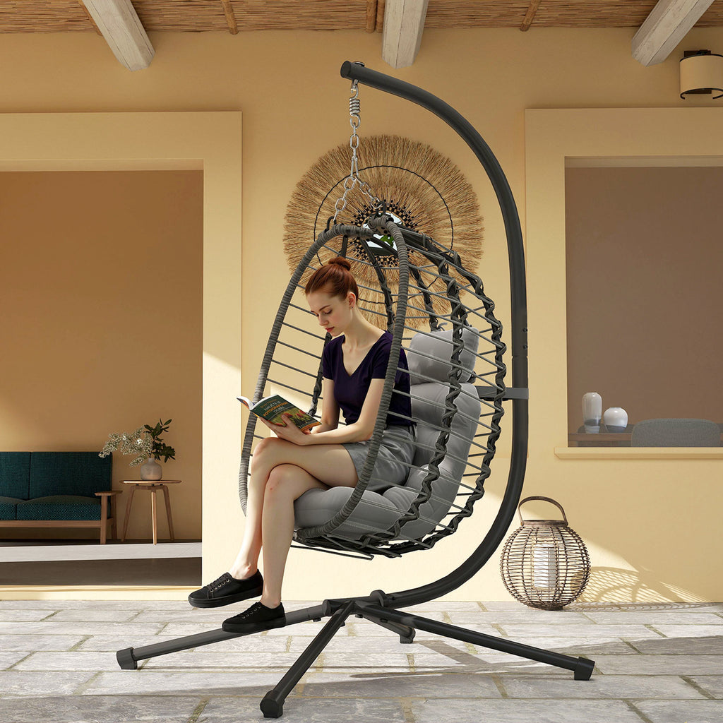 Fauteuil suspendu pliable en résine tressée avec support, coussin et oreiller hauteur réglable, gris