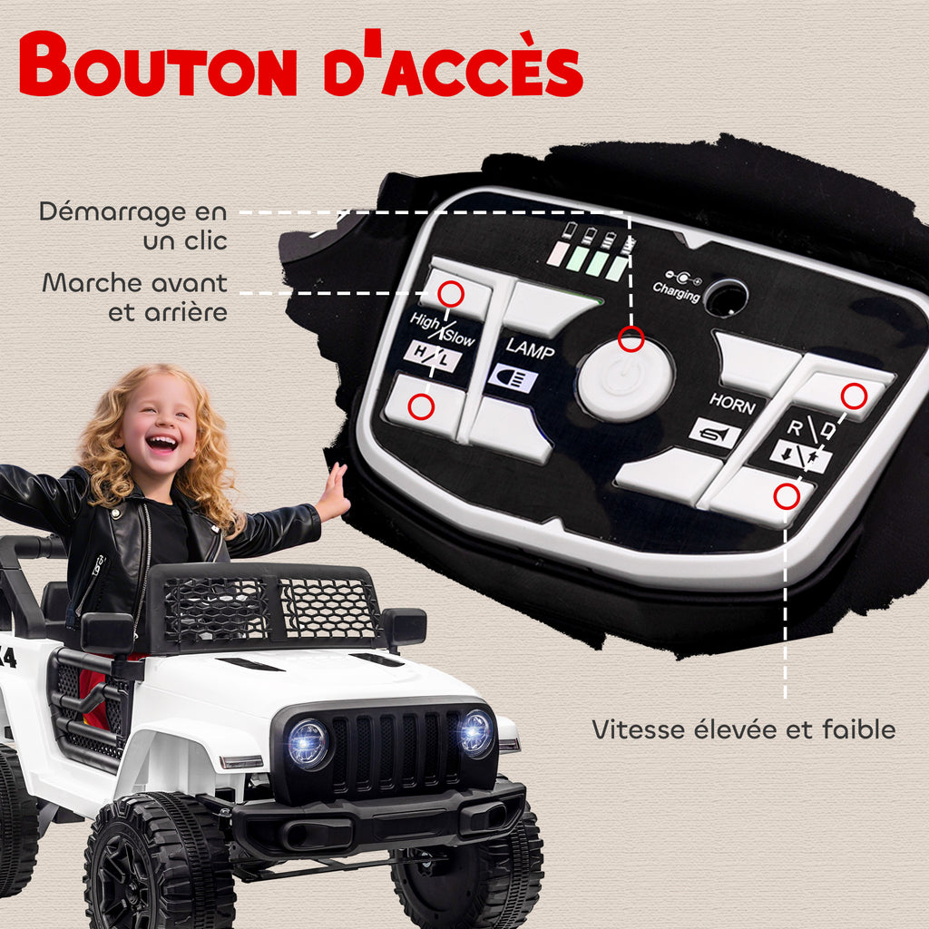 Voiture électrique Enfant Propulsion arrière 12 V 5 Km/h Max. télécommande Incluse Effets Lumineux sonores dim. 100L x 65l x 72H cm Blanc
