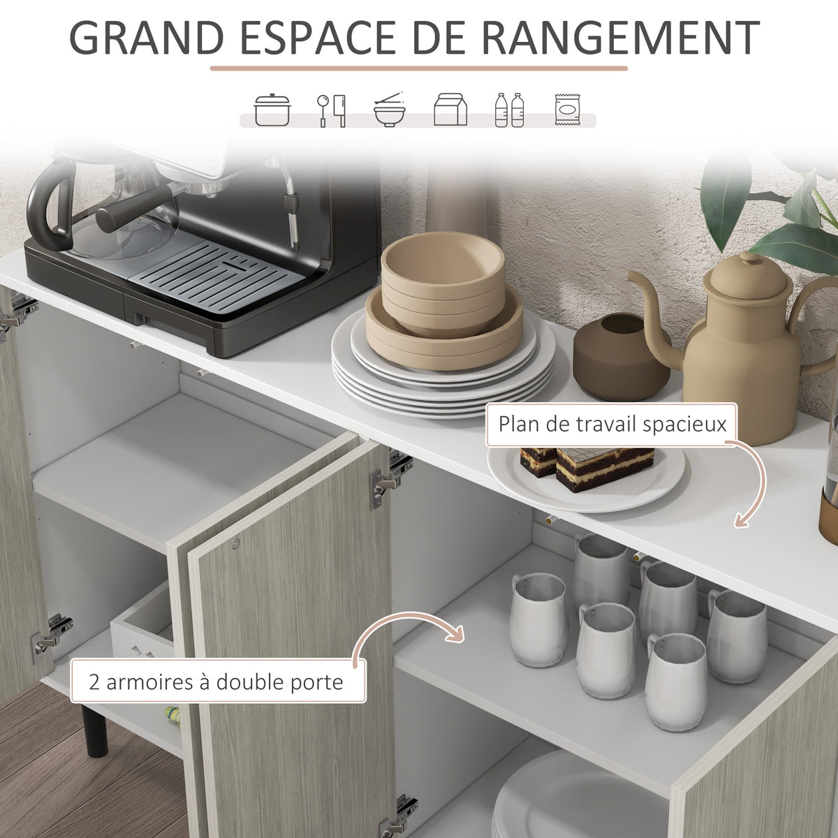 Buffet de cuisine meuble de rangement 2 placards avec étagères réglables, 121 x 37 x 75 cm, blanc et aspect bois gris