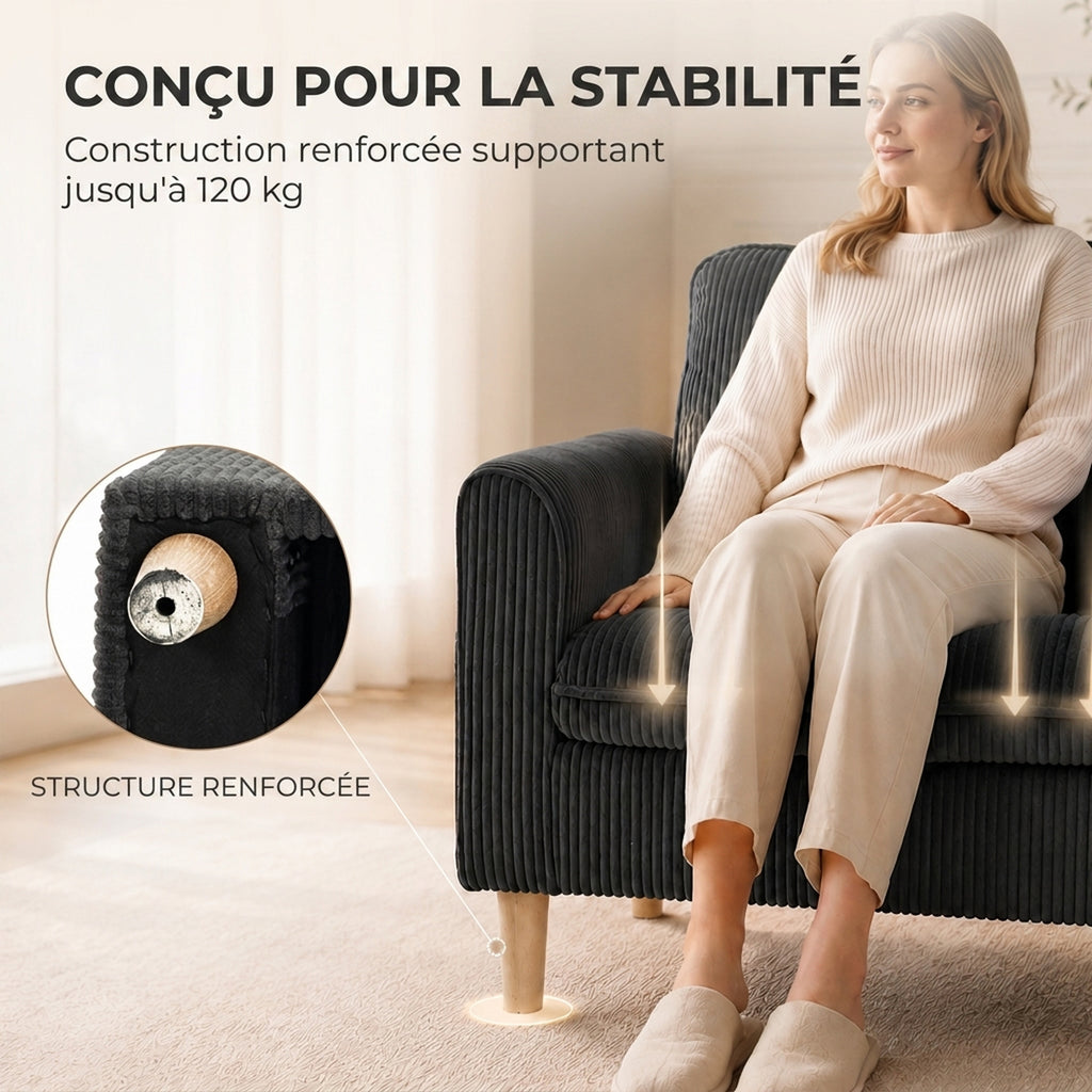 Fauteuil de salon en velours côtelé, canapé 1 place rembourré, assise large, coussin à ressorts, 83x74x87cm, Gris Foncé