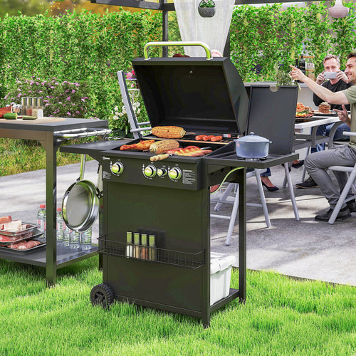 Barbecue gaz 3+1 brûleurs en acier, puissance 9,5 kW, barbecue de jardin 2 grilles étagères latérales, 2 roues, noir