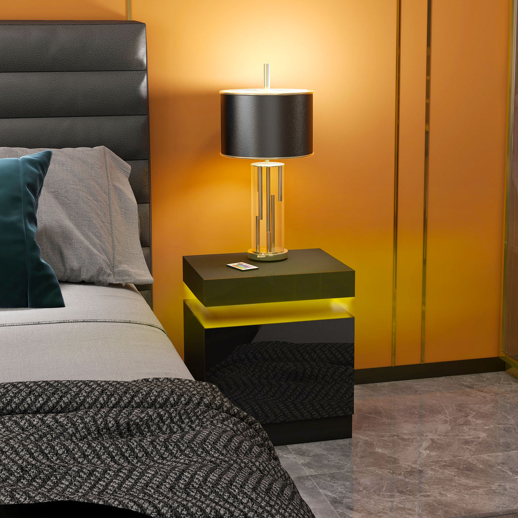 Table de chevet table de nuit lumière LED RVB panneau haute brillance avec 2 tiroirs pour salon chambre à coucher noir