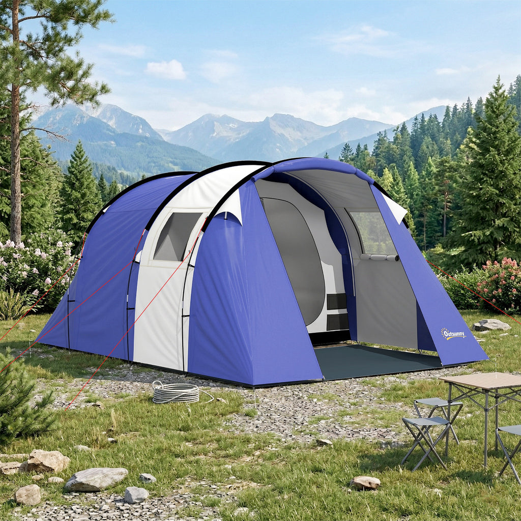 Tente de Camping pour 4 Personnes, 2 Chambres, Imperméable 3000mm, avec Tapis de Sol et Sac, 420x300x200cm, Bleu Foncé