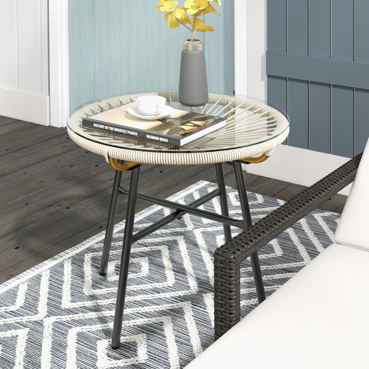 Table basse ronde de jardin en résine aspect rotin métal et plateau verre trempé Ø 50 x 50 cm crème