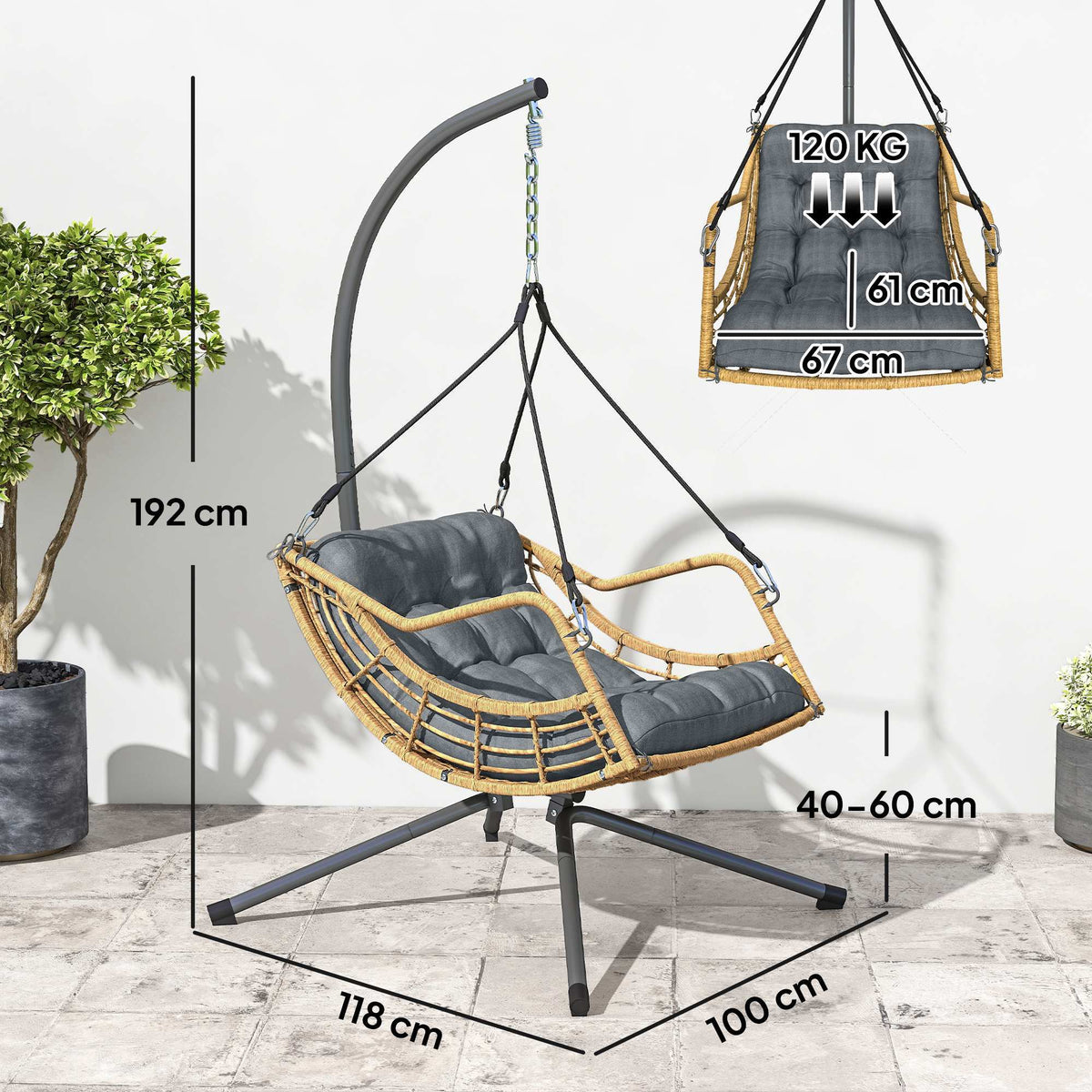 Fauteuil suspendu en résine tressée avec support, chaise suspendue, coussin, attache de sécurité, hauteur réglable, gris