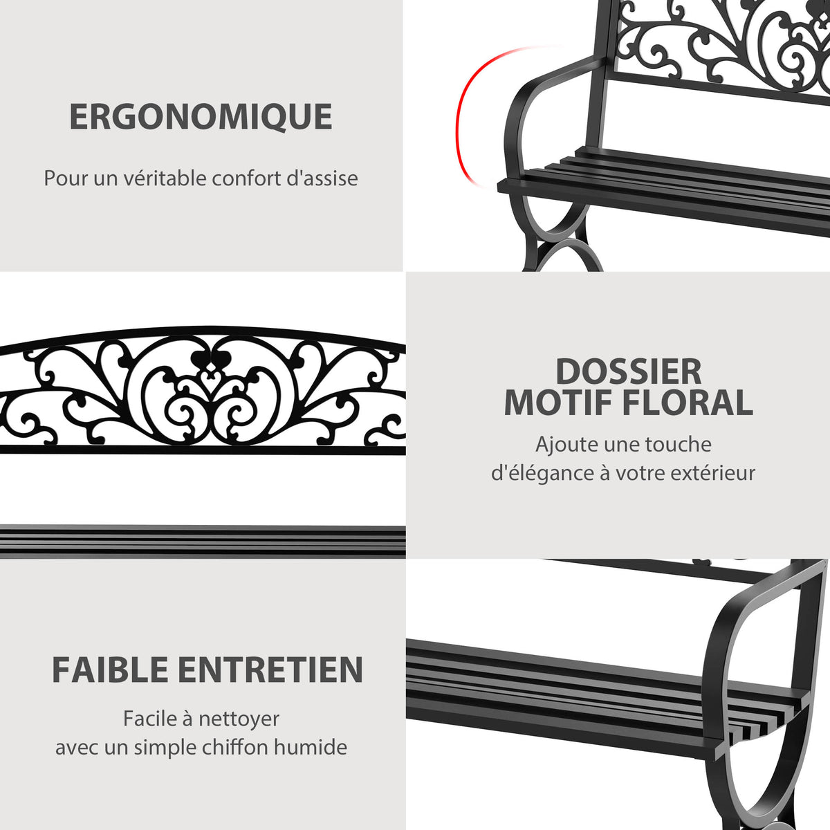 Banc de jardin terrasse en acier fonte noir 3 places 127 x 60 x 85 cm charge max 240 Kg