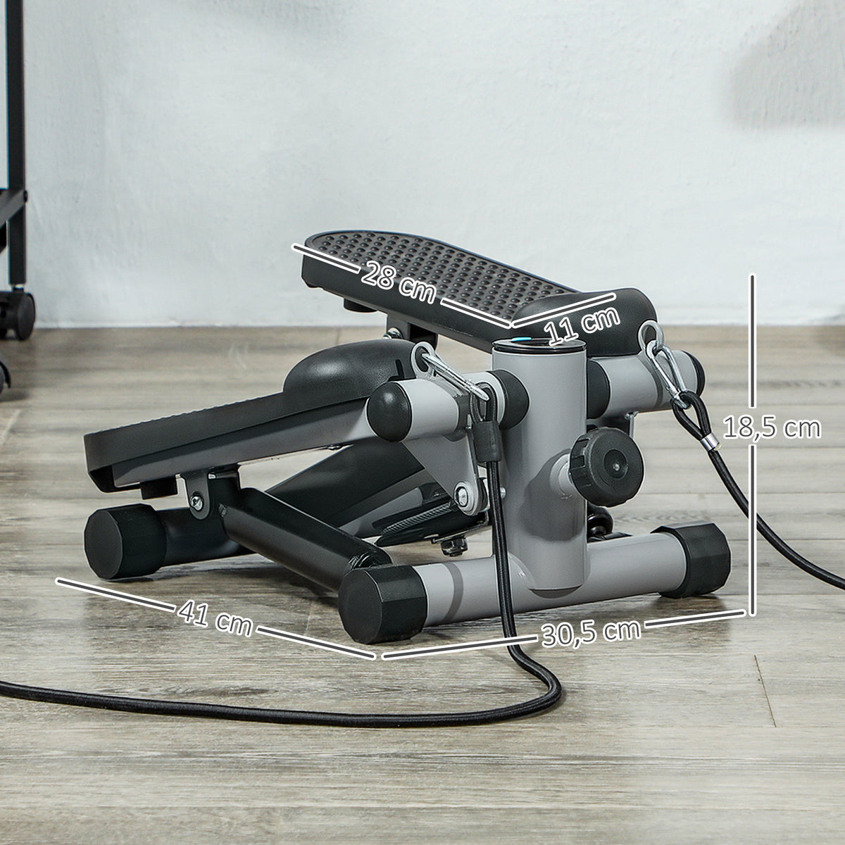 Mini stepper de fitness machine de step bandes de résistance, écran LCD et pédales antidérapantes 41x30,5x18,5cm gris