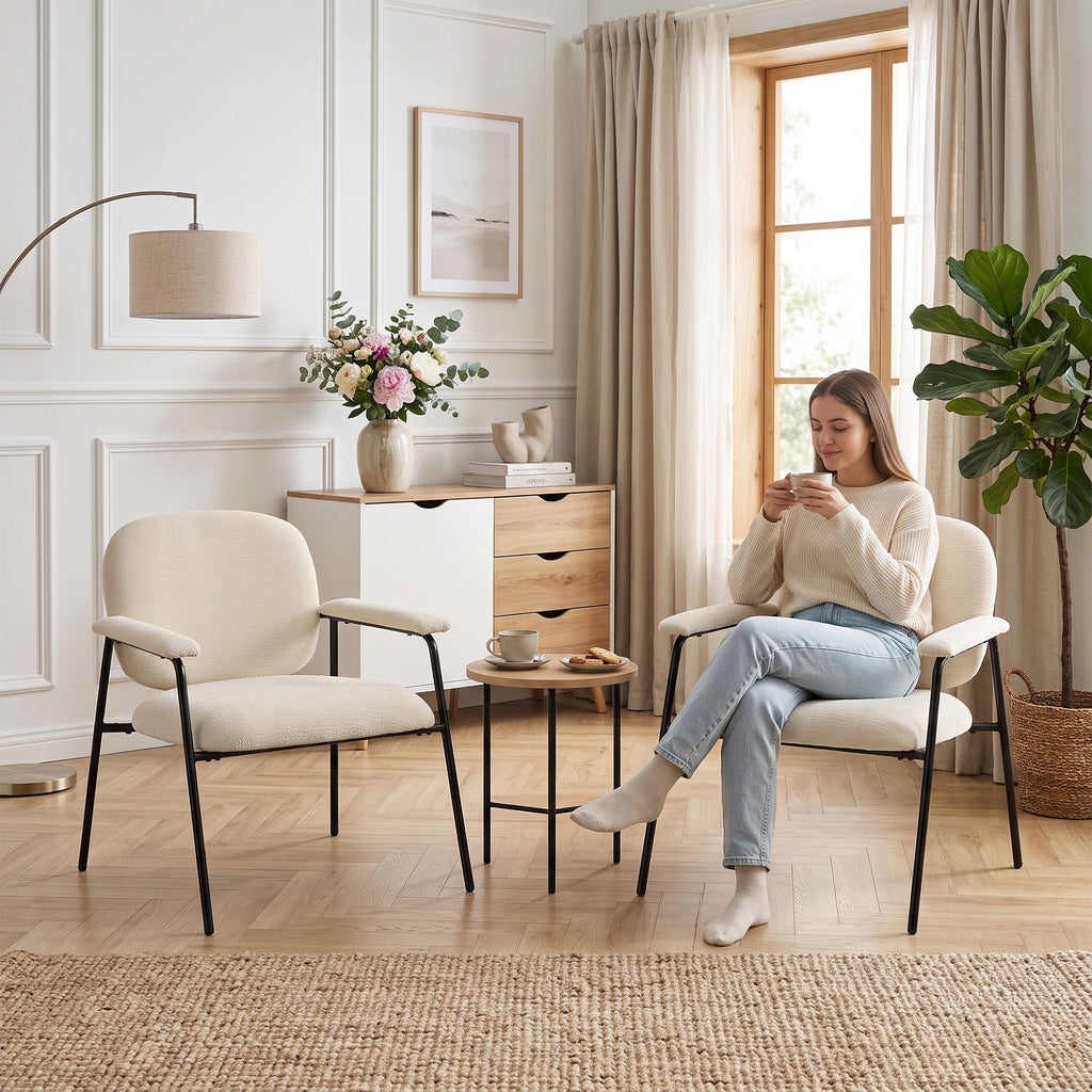 Lot de 2 Fauteuils Salon, Fauteuils d'Appoint en Chenille avec Dossier Profilé, Accoudoirs Rembourrés, Crème
