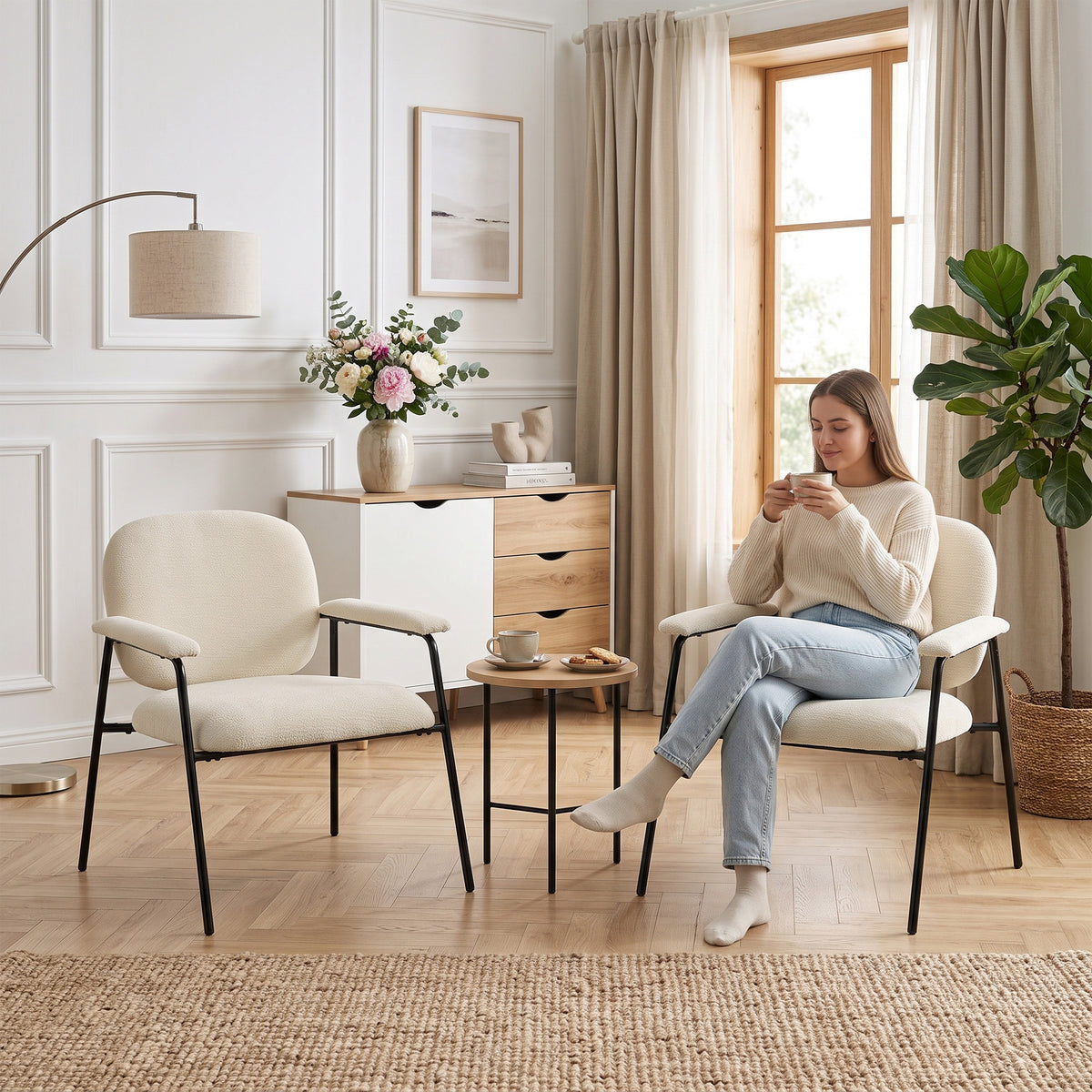 Lot de 2 Fauteuils Salon, Fauteuils d'Appoint en Chenille avec Dossier Profilé, Accoudoirs Rembourrés, Crème
