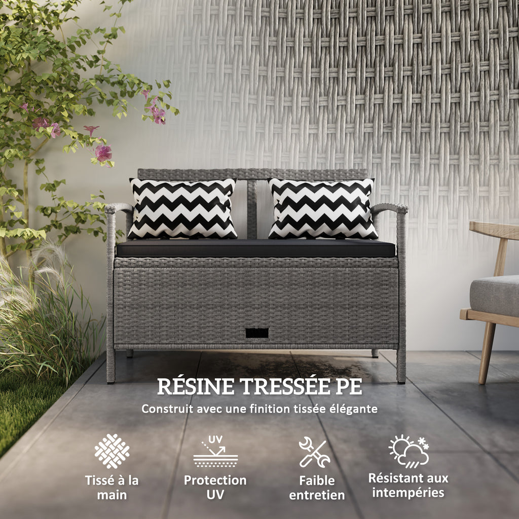 Banc extérieur jardin 2 places banc de rangement 160L en rotin PE avec coussin 2 oreillers 112 x 62 x 82 cm gris
