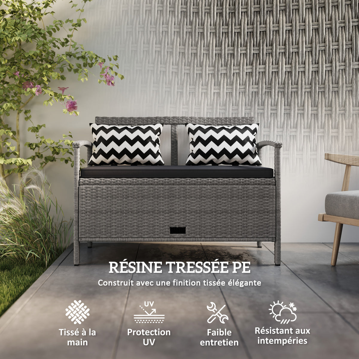 Banc extérieur jardin 2 places banc de rangement 160L en rotin PE avec coussin 2 oreillers 112 x 62 x 82 cm gris