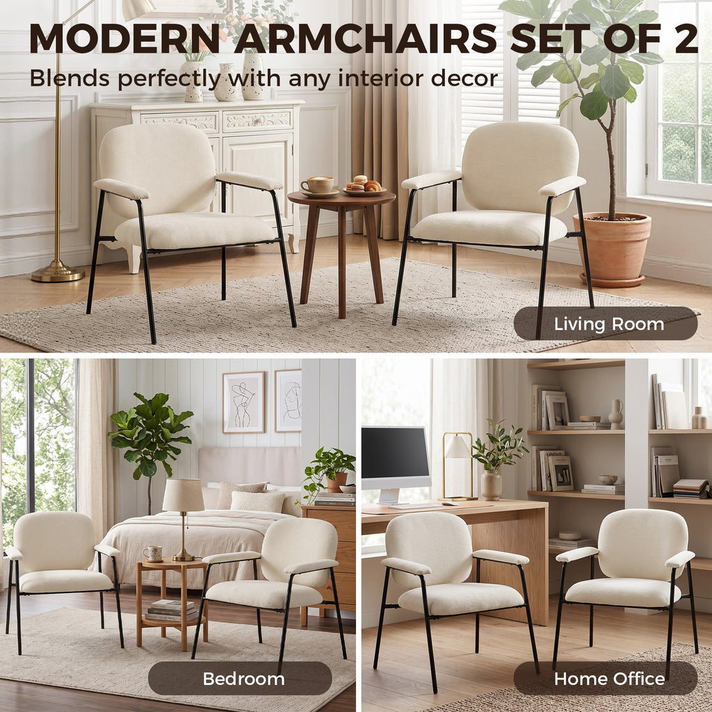 Lot de 2 Fauteuils Salon, Fauteuils d'Appoint en Chenille avec Dossier Profilé, Accoudoirs Rembourrés, Crème