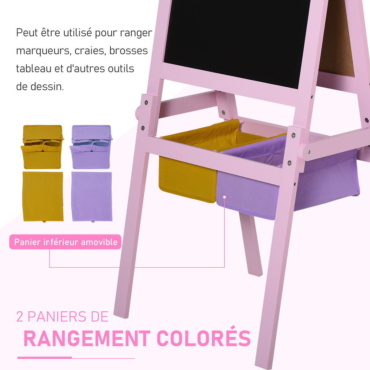 3 en 1 Tableau Enfant - chevalet Enfant - Ardoise Double Face - Tableau Blanc Tableau à Craie - Rouleau Papier avec accessoires + paniers Rangement intégrés - MDF Rose