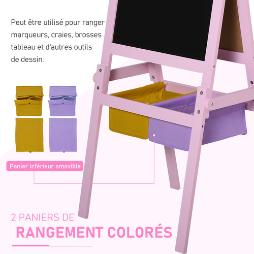 3 en 1 Tableau Enfant - chevalet Enfant - Ardoise Double Face - Tableau Blanc Tableau à Craie - Rouleau Papier avec accessoires + paniers Rangement intégrés - MDF Rose