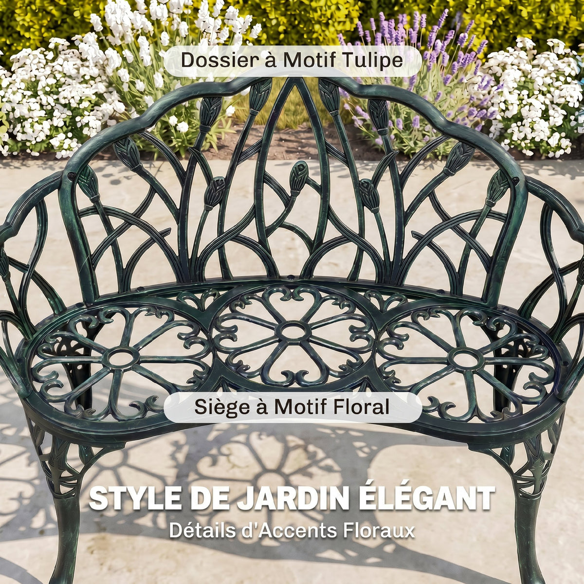 Banc de jardin en aluminium moulé, banc extérieur 2 places avec dossier tulipe, assise florale, 99x57x78cm, vert antique