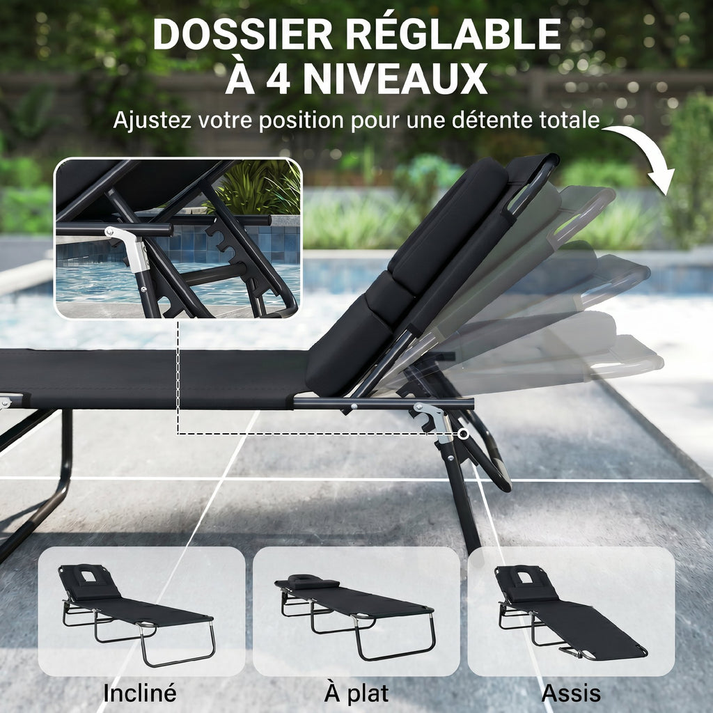 Transat de Jardin Chaise Longue Pliante Bain de Soleil pour Lecture Noir