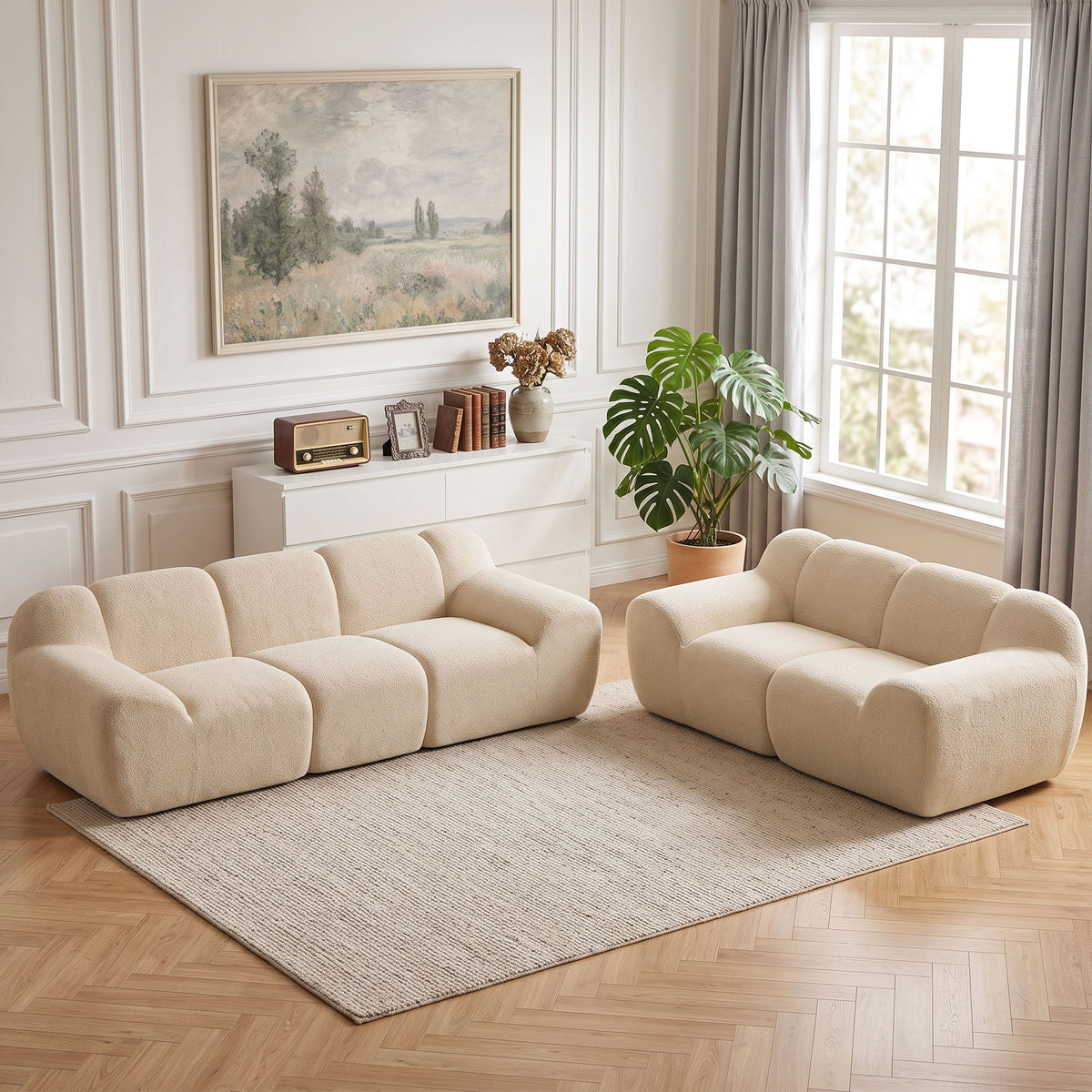 Canapé 3 Places 233 cm, Canapé Salon en Chenille Moderne avec Assise Profonde, Accoudoirs Larges, Beige