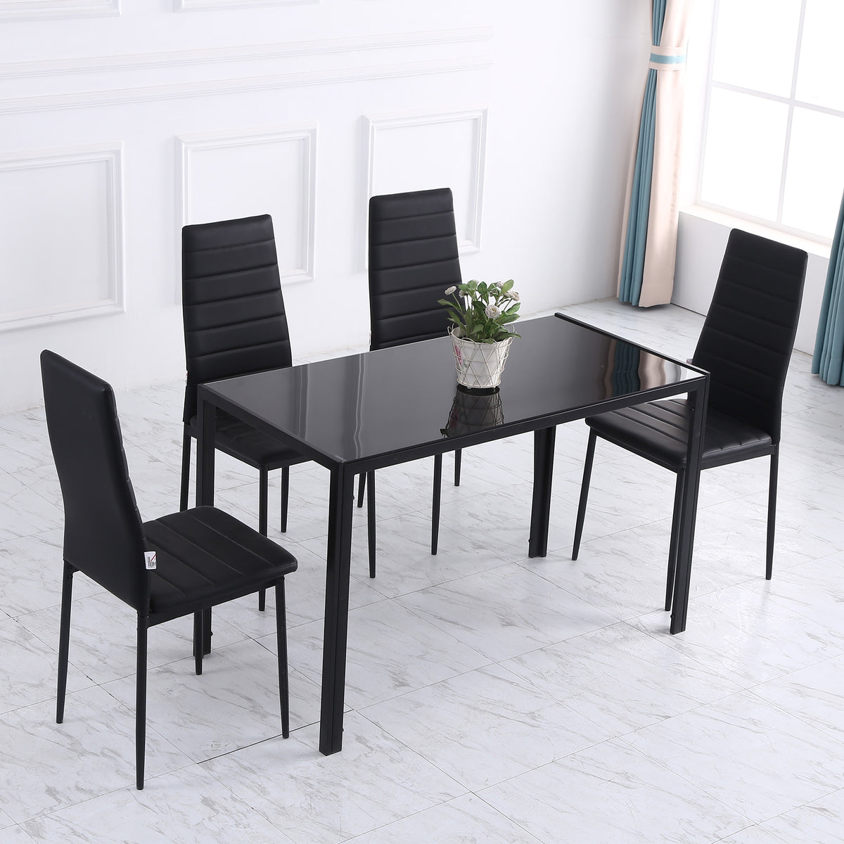 Table à manger pour 4 personnes, table de cuisine avec plateau en verre trempé et pieds en métal, 120x60x75cm, noir