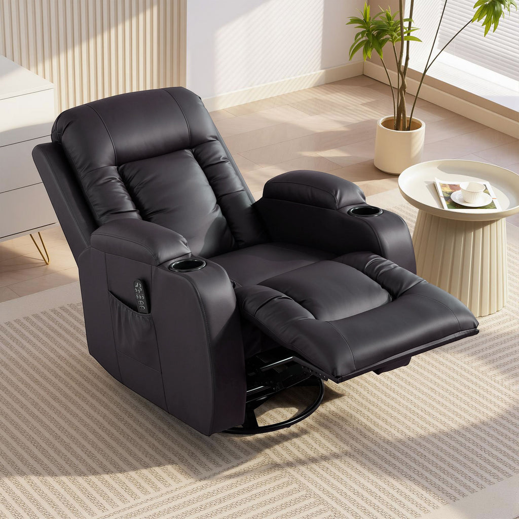 Fauteuil inclinable de massage et chauffage, fauteuil de relaxation, dossier réglable, pivotant 360°, 82x99x103cm, marron