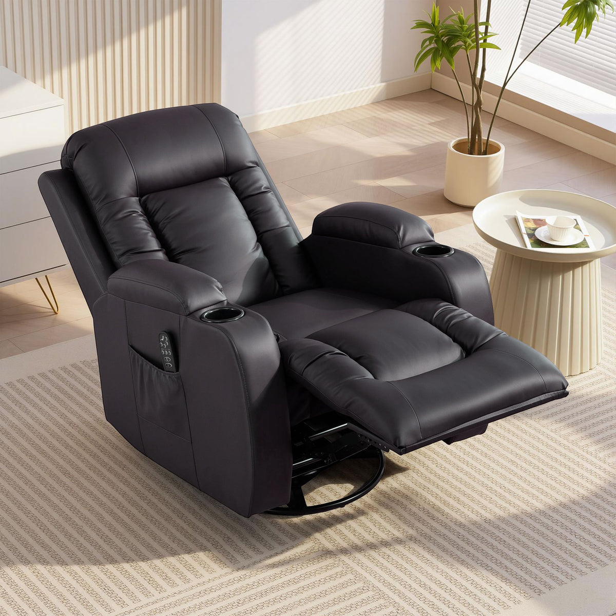 Fauteuil inclinable de massage et chauffage, fauteuil de relaxation, dossier réglable, pivotant 360°, 82x99x103cm, marron