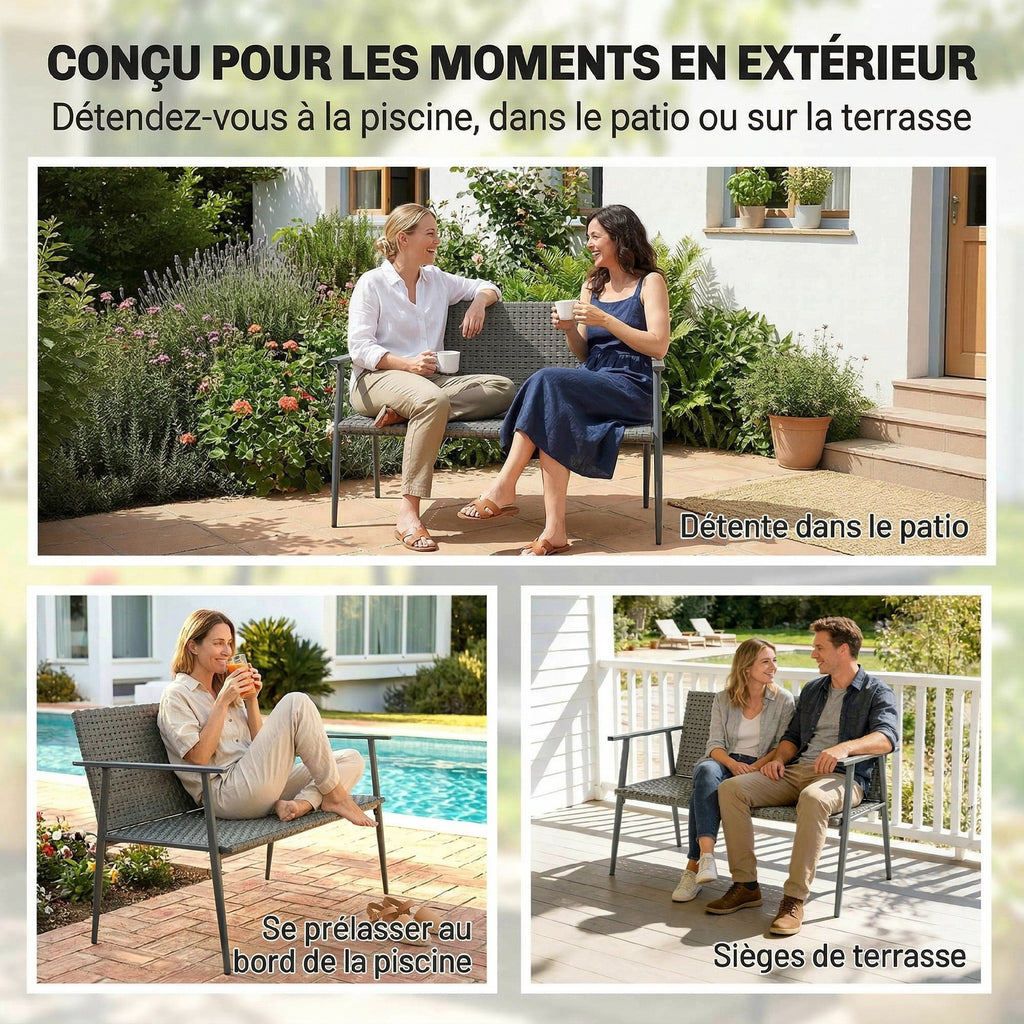 Banc de Jardin 2 places en Résine Tressée et Acier, avec Accoudoirs, Dossiers et Pieds Réglables, 110x58x78cm, Gris