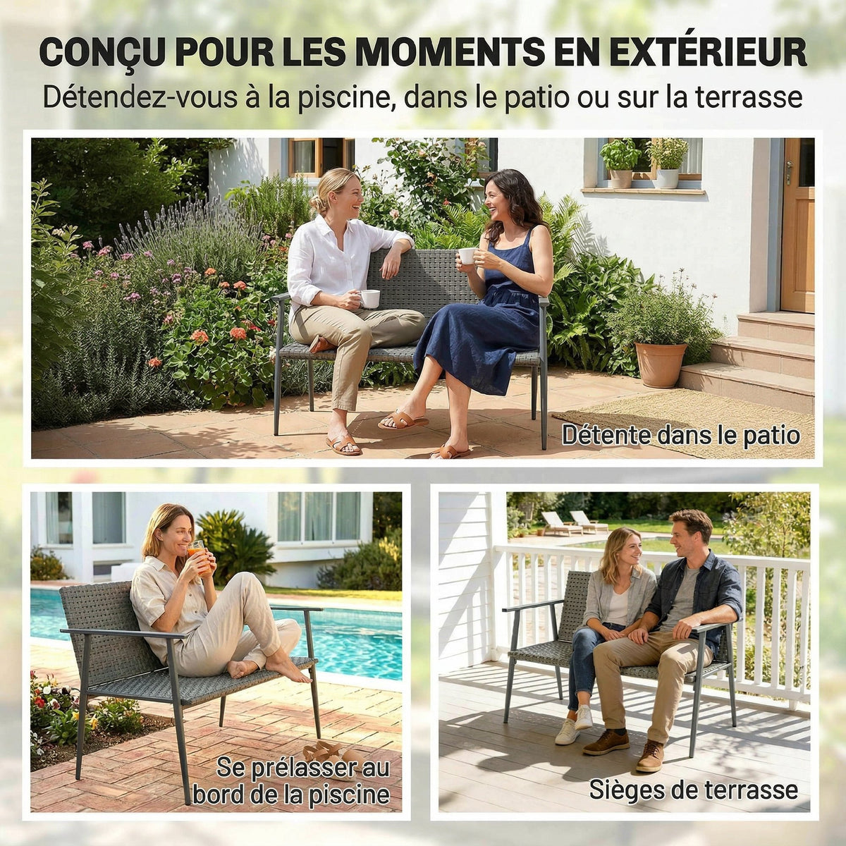 Banc de Jardin 2 places en Résine Tressée et Acier, avec Accoudoirs, Dossiers et Pieds Réglables, 110x58x78cm, Gris