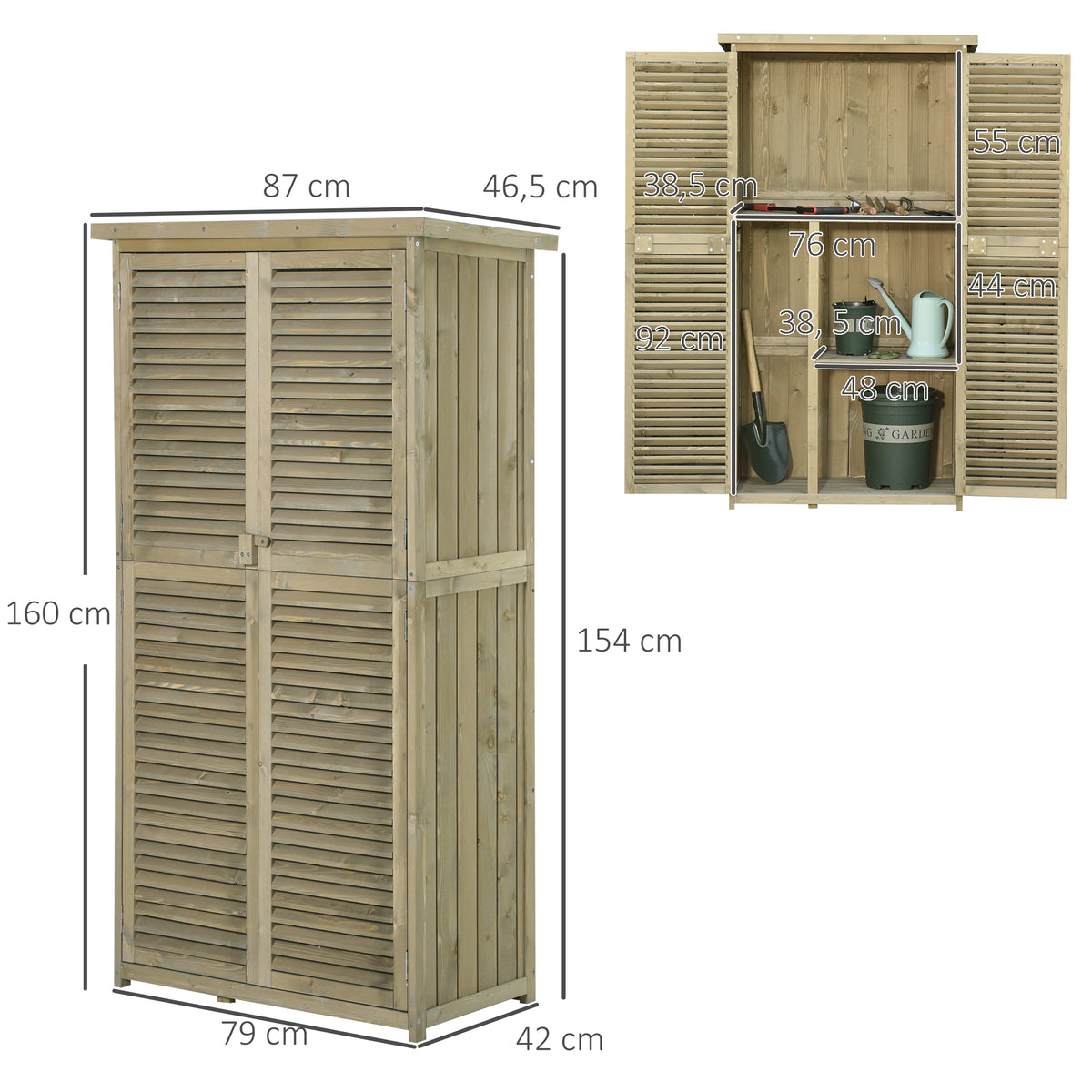 Armoire de Jardin abri Jardin Remise pour Outils sur Pied dim. 87L x 47l x 160H cm 2 étagères Portes persiennes Toit bitumé étanche Bois pin Autoclave sable