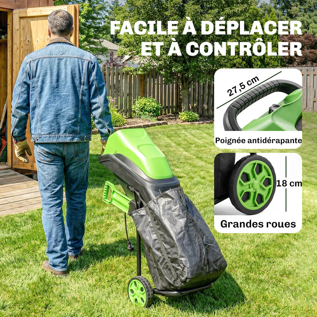 Broyeur de Végétaux Électrique 2500 W, Broyeur de Branches avec Sac de Collecte 45L, 4300 tr/min, 44x34x96cm, Vert