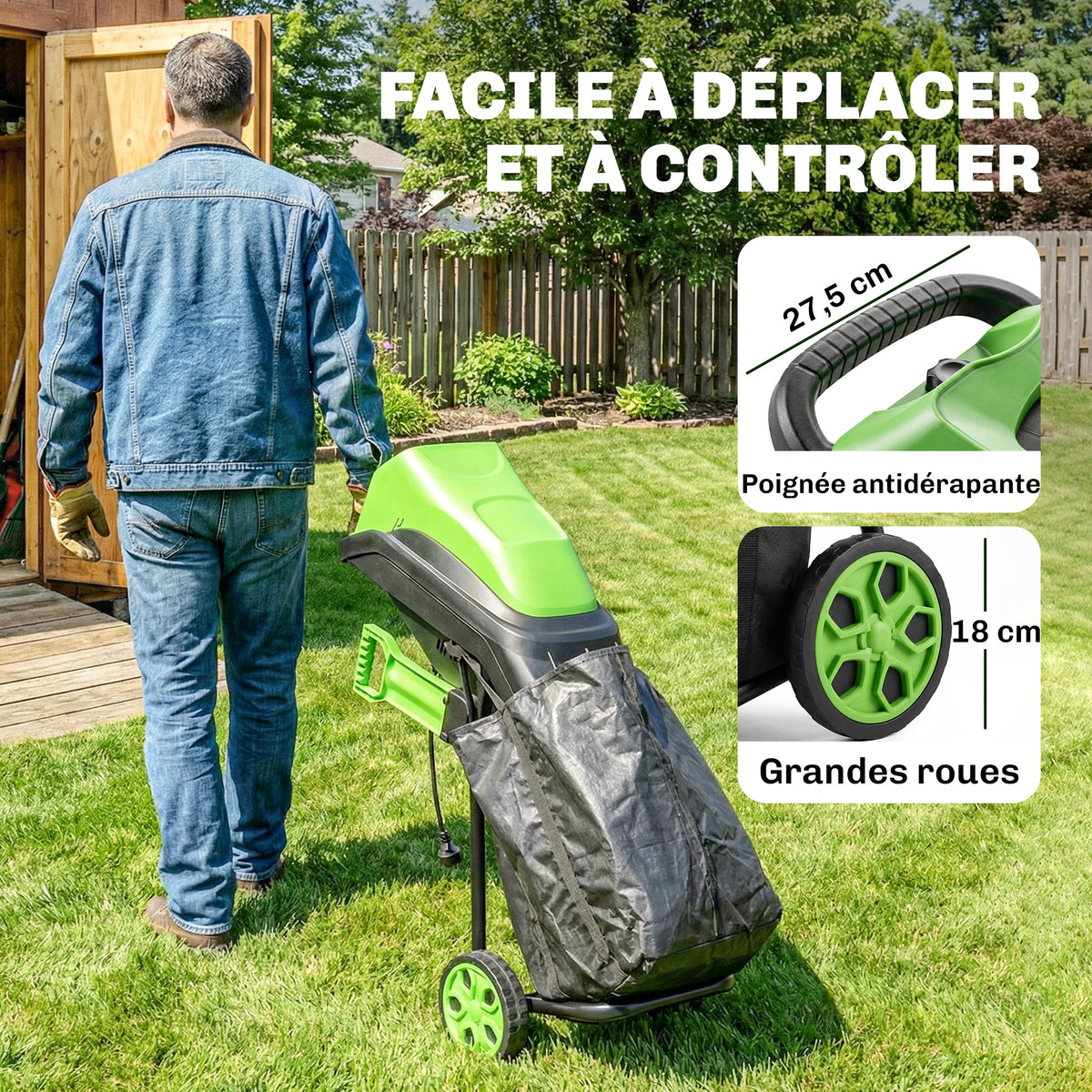 Broyeur de Végétaux Électrique 2500 W, Broyeur de Branches avec Sac de Collecte 45L, 4300 tr/min, 44x34x96cm, Vert