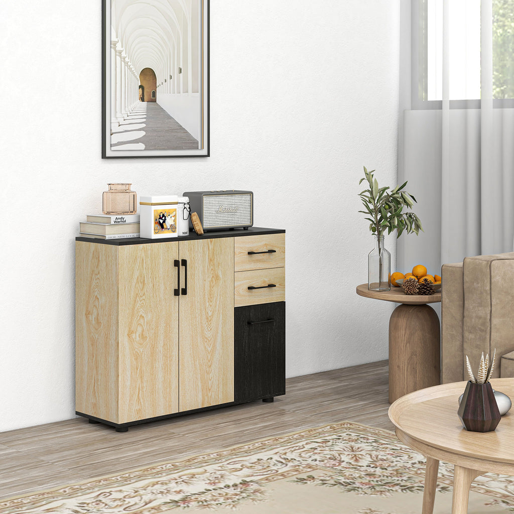 Meuble buffet de rangement cuisine 2 placards étagère réglable 2 tiroirs 90 x 30 x 75,5 cm naturel noir