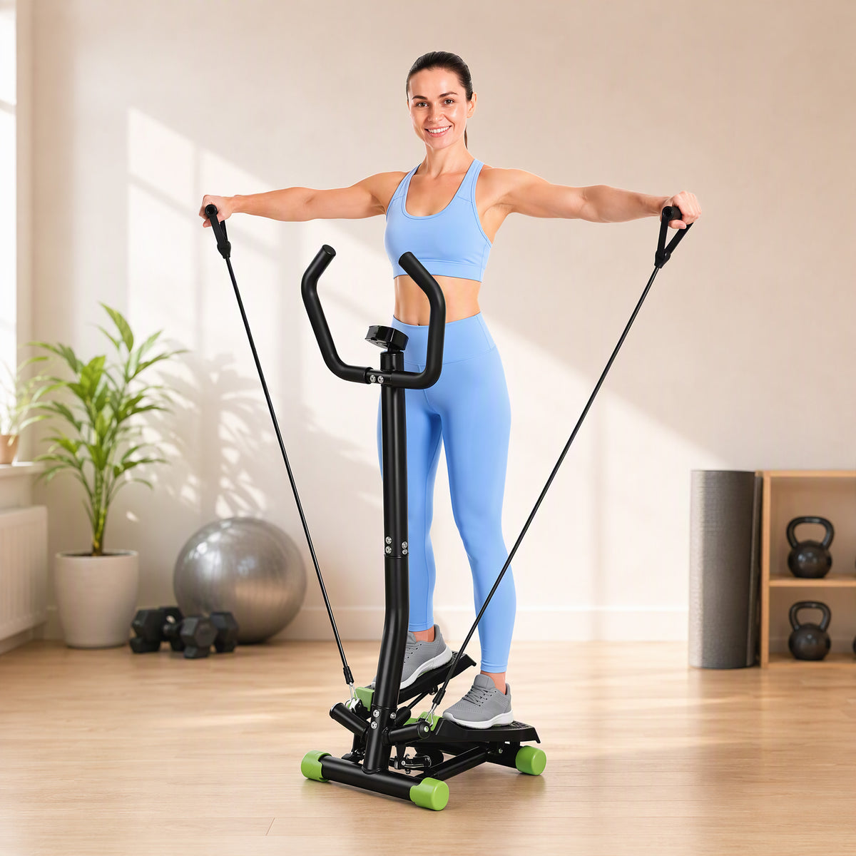 Stepper avec guidon, stepper de fitness avec écran LCD, pédales antidérapantes, marche d'escalier pour maison, bureau, salon, salle de sport, vert et noir