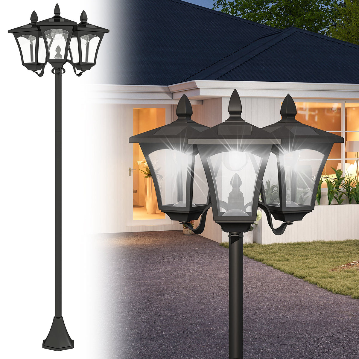 Lampadaire de jardin extérieur à LED solaire avec capteurs 3 abat-jours - H.182.5 cm - IP44
