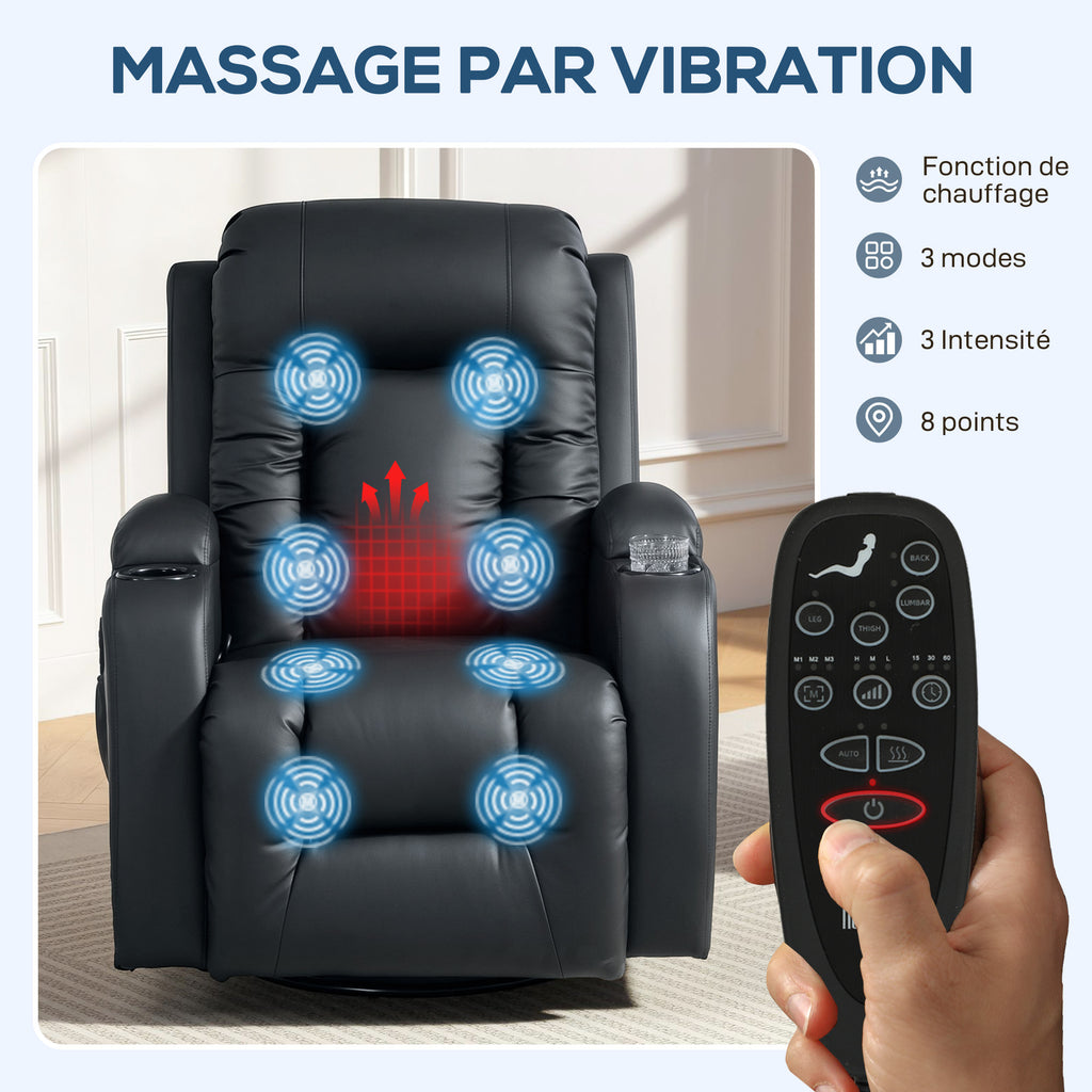 Fauteuil inclinable de massage et chauffage, fauteuil de relaxation, dossier réglable, pivotant 360°, 82x99x103cm, noir