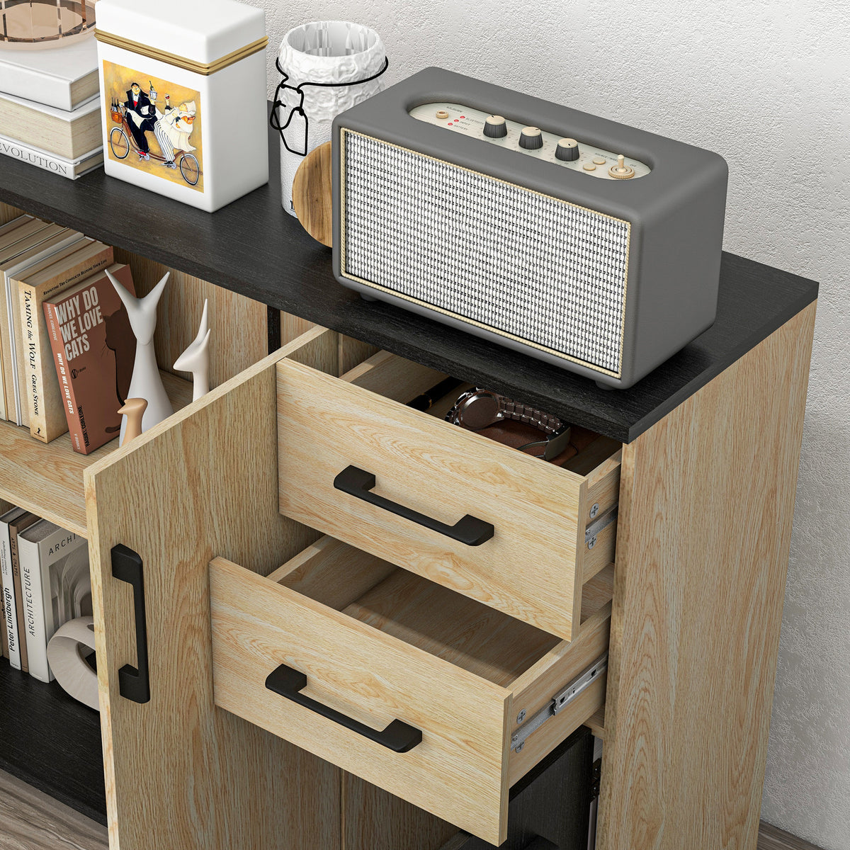 Meuble buffet de rangement cuisine 2 placards étagère réglable 2 tiroirs 90 x 30 x 75,5 cm naturel noir