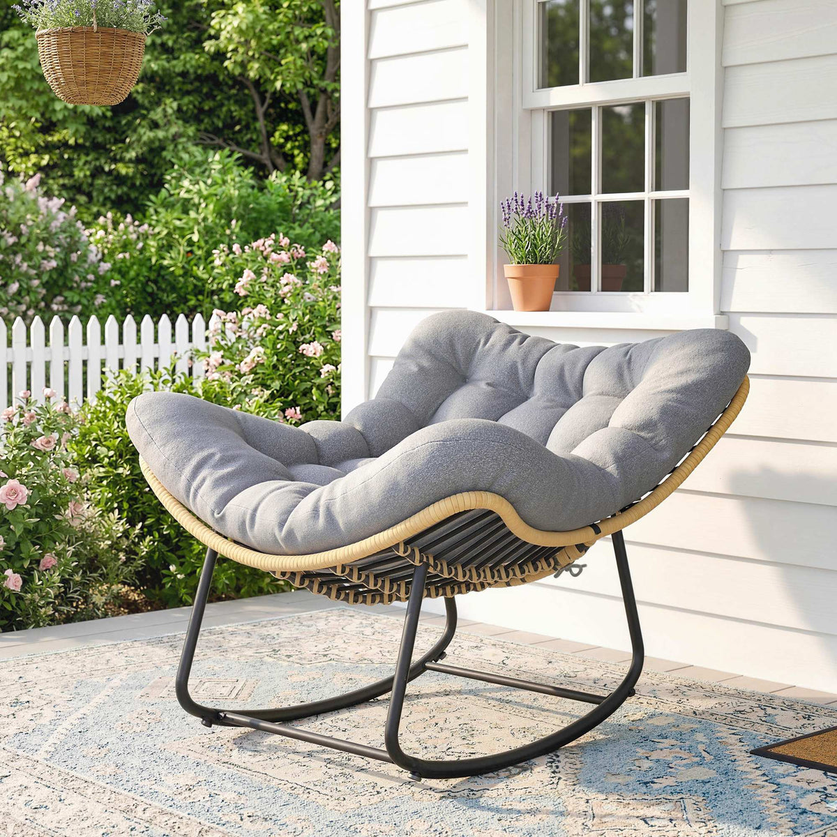 Fauteuil à bascule de jardin pour intérieur et extérieur, rocking chair en résine tressée avec coussin moelleux, gris