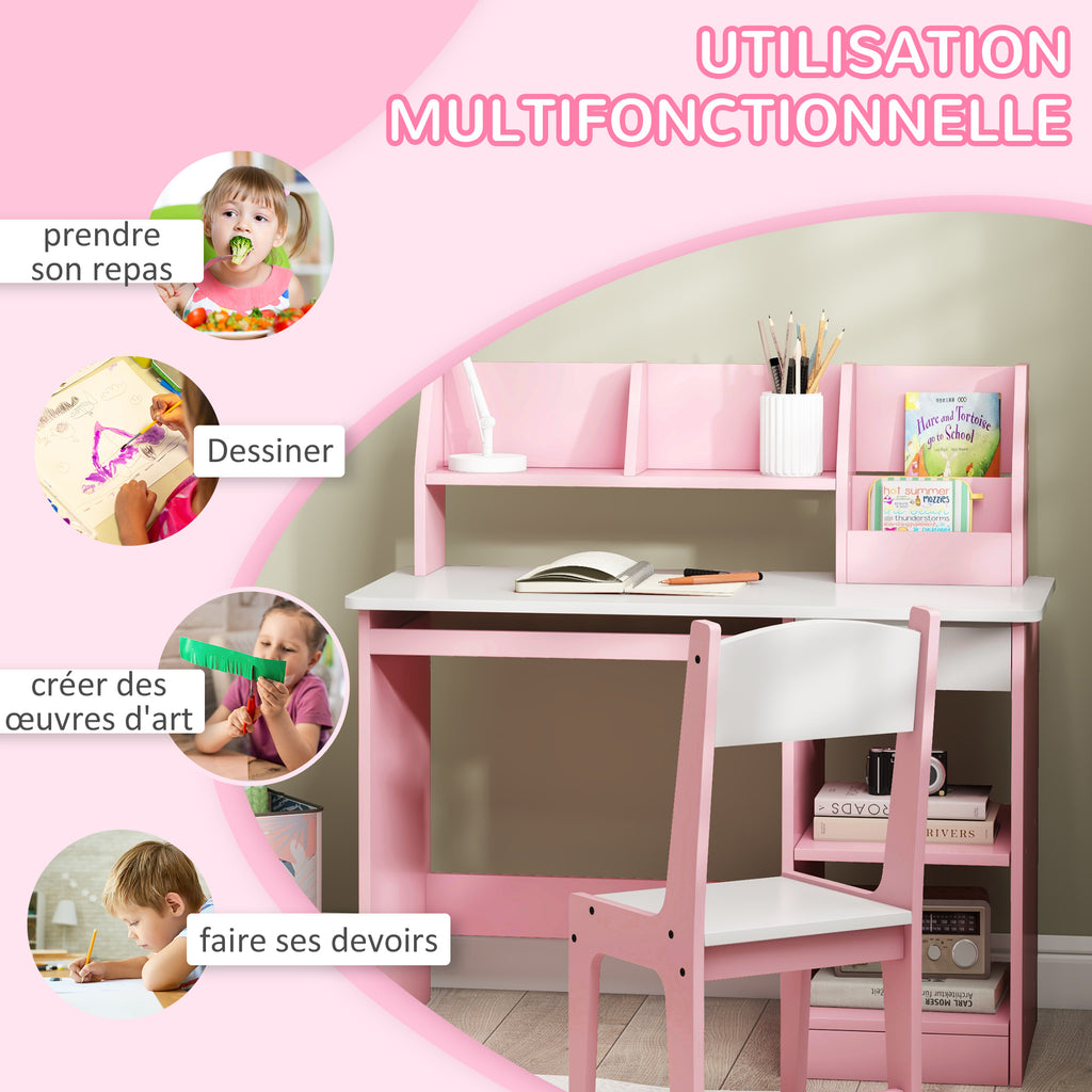 Bureau enfant avec chaise ergonomique avec clavier coulissant tiroir niches et étagères ouvertes 90 x 45 x 90 cm rose