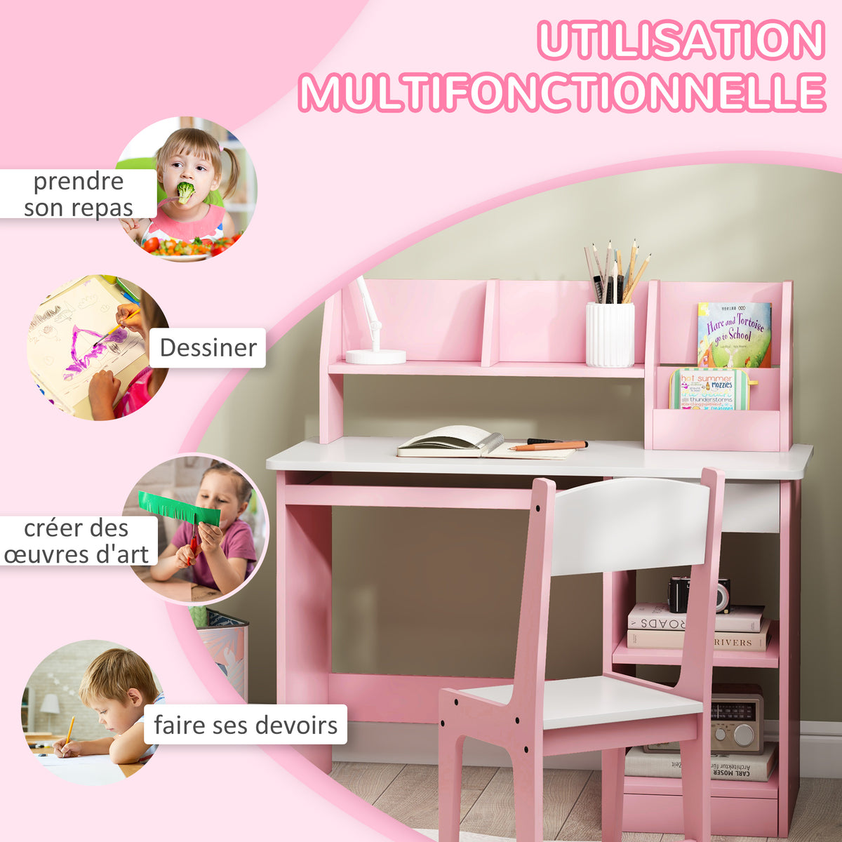 Bureau enfant avec chaise ergonomique avec clavier coulissant tiroir niches et étagères ouvertes 90 x 45 x 90 cm rose