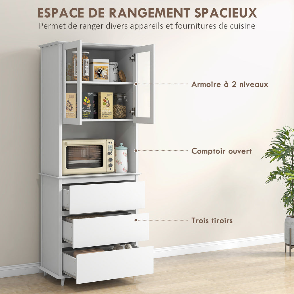 Buffet de cuisine meuble de rangement placard 2 portes 3 tiroirs et niche centrale dim. 68L x 38l x 172H cm MDF blanc