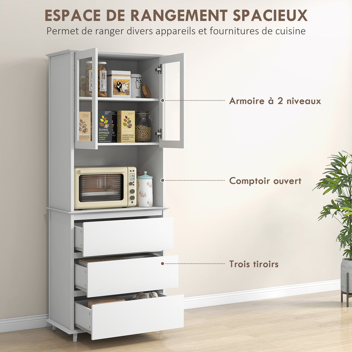 Buffet de cuisine meuble de rangement placard 2 portes 3 tiroirs et niche centrale dim. 68L x 38l x 172H cm MDF blanc